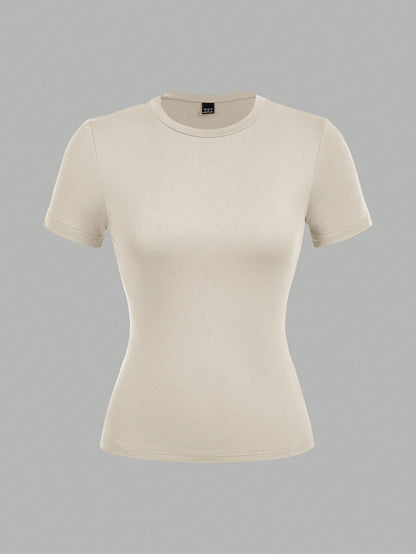 EZwear 3pcs/Set Women Casual Skinny Long Sleeve Round Neck T-Shirt Set, Colors: Deep Brown, Khaki, Light Apricot, Suitable For Summer Autumn And Winter