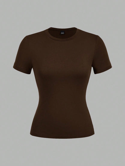 EZwear 3pcs/Set Women Casual Skinny Long Sleeve Round Neck T-Shirt Set, Colors: Deep Brown, Khaki, Light Apricot, Suitable For Summer Autumn And Winter