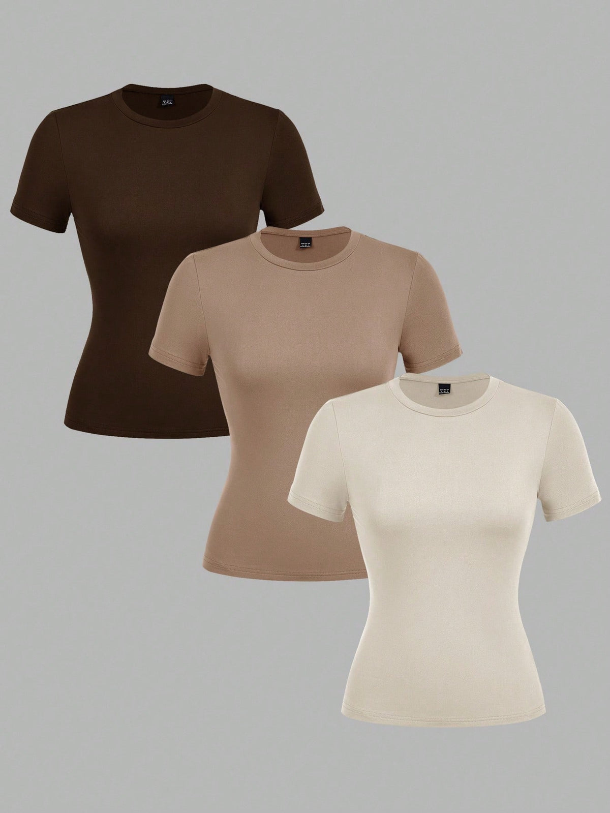 EZwear 3pcs/Set Women Casual Skinny Long Sleeve Round Neck T-Shirt Set, Colors: Deep Brown, Khaki, Light Apricot, Suitable For Summer Autumn And Winter