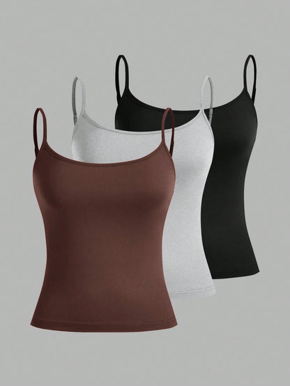 EZwear 3pcs/Set Women's Sexy Casual Cropped Camisole Tops, Suitable For Summer Beach Everyday Dark Brown Grey Black