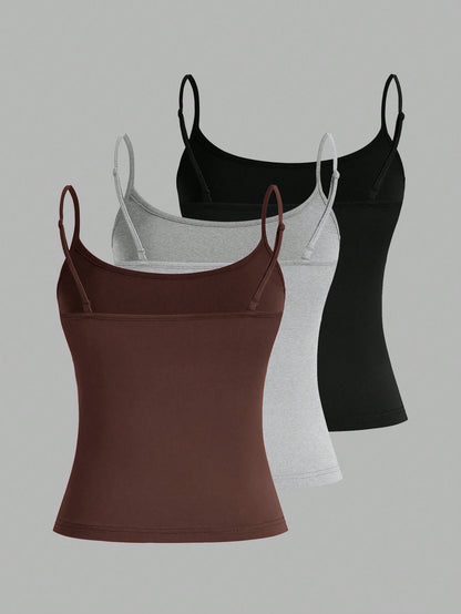 EZwear 3pcs/Set Women's Sexy Casual Cropped Camisole Tops, Suitable For Summer Beach Everyday Dark Brown Grey Black