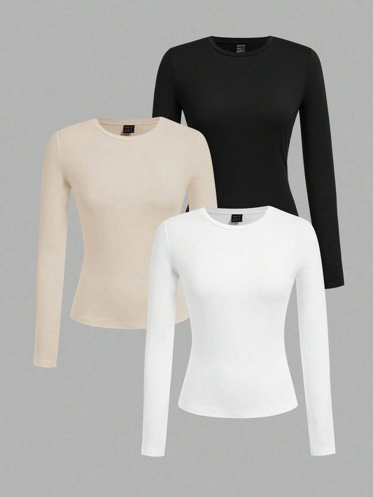 EZwear 3pcs Women Crew Neck Casual Fitted Long Sleeve T-Shirt Suit, Suitable For Spring And Autumn And Winter