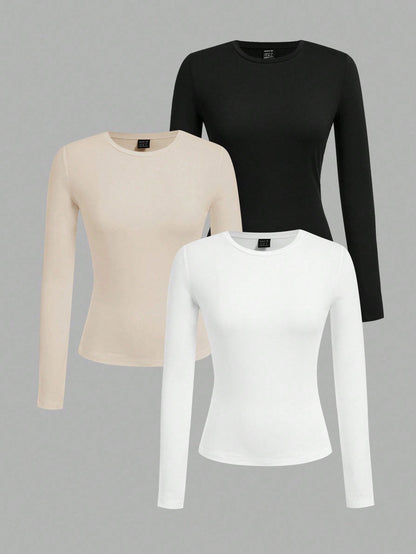 EZwear 3pcs Women Crew Neck Casual Fitted Long Sleeve T-Shirt Suit, Suitable For Spring And Autumn And Winter