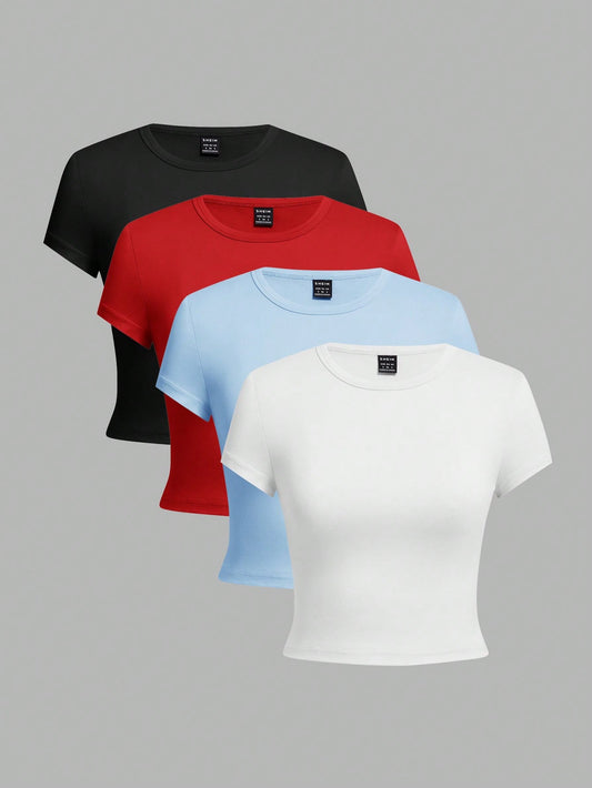 EZwear 4pcs Pack Round Neck Short Sleeve Fitted Women T-Shirts For Summer Suitable For Going Out