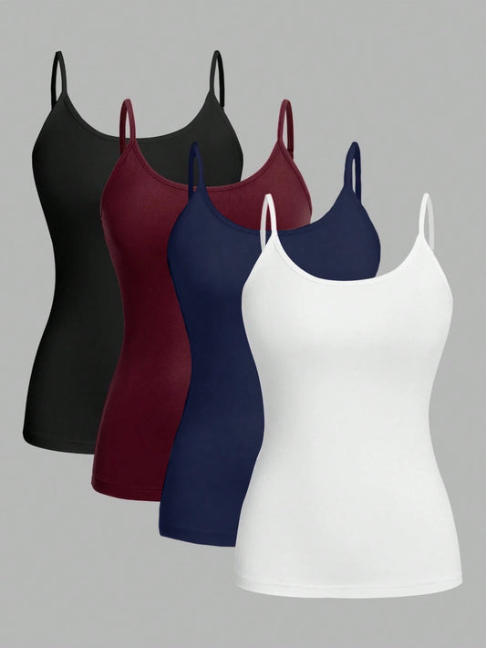 EZwear 4pcs/Set Casual Minimalist Camisole Tops For Women, Suitable For Summer Beach