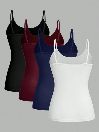 EZwear 4pcs/Set Casual Minimalist Camisole Tops For Women, Suitable For Summer Beach
