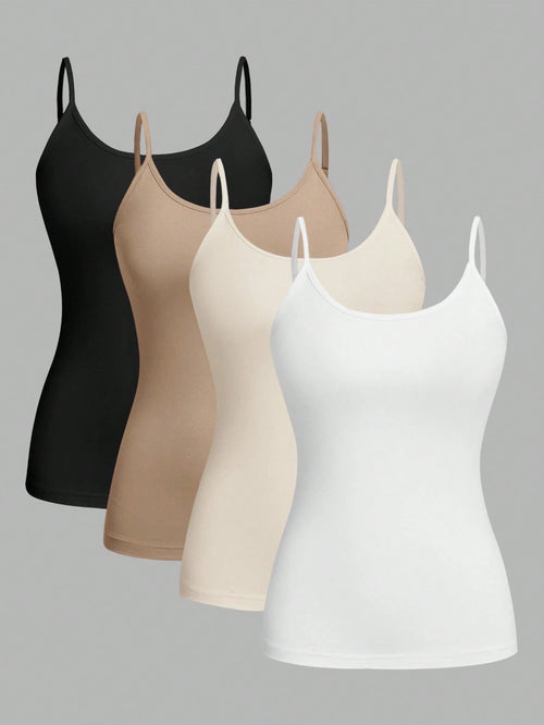 EZwear 4pcs Set Casual Minimalist Versatile Camisole, Suitable For Summer, Slim Fit For Women Back To School