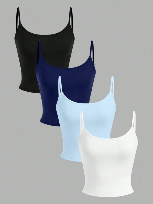 EZwear 4pcs/Set Women Cropped Sporty Camisole Tank Tops, Suitable For Summer Back To School