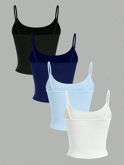 EZwear 4pcs/Set Women Cropped Sporty Camisole Tank Tops, Suitable For Summer Back To School
