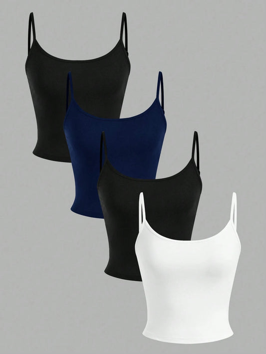 EZwear 4pcs/Set Women's Casual Cropped Tank Tops, Suitable For Summer Back To School