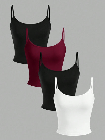 EZwear 4pcs Women's Cropped Casual Camisole Tops, Suitable For Summer,Red Top