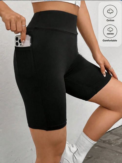 EZwear 95 Cotton Black Solid Color Wide Waist Cycling Shorts, With Phone Pocket, Summer Athleisure Gym Leggings, Casual Athletic For Women Workout