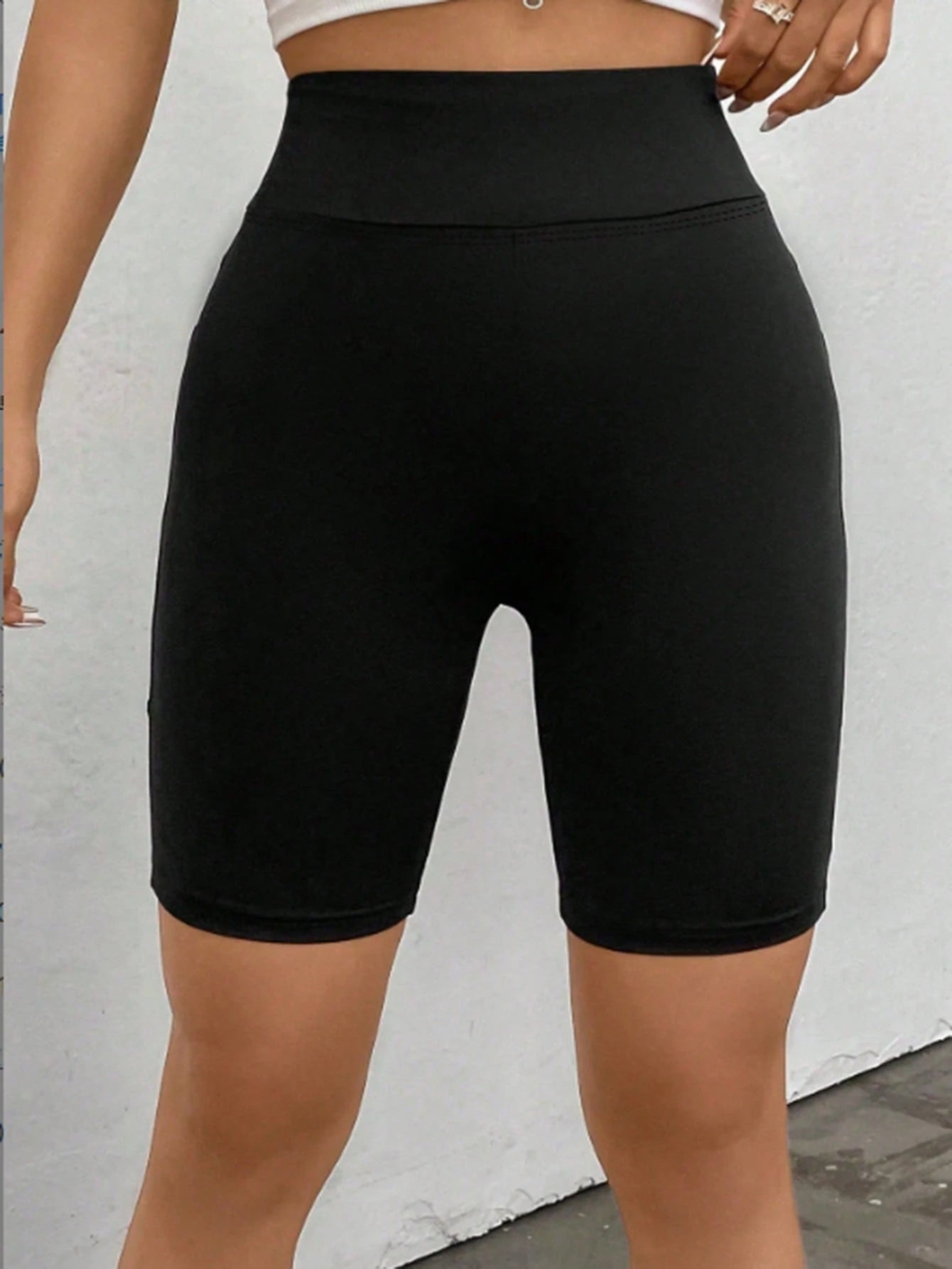 EZwear 95 Cotton Black Solid Color Wide Waist Cycling Shorts, With Phone Pocket, Summer Athleisure Gym Leggings, Casual Athletic For Women Workout