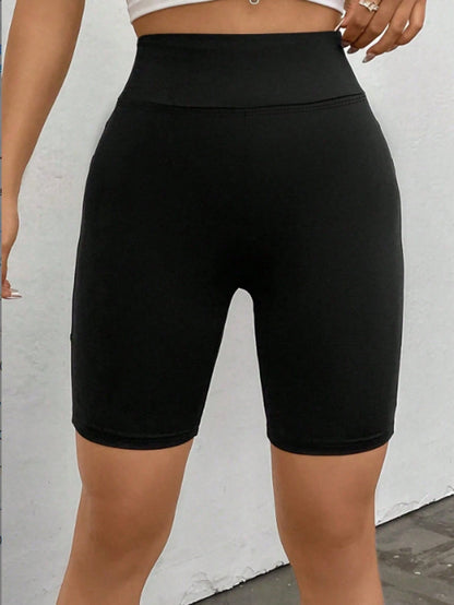EZwear 95 Cotton Black Solid Color Wide Waist Cycling Shorts, With Phone Pocket, Summer Athleisure Gym Leggings, Casual Athletic For Women Workout