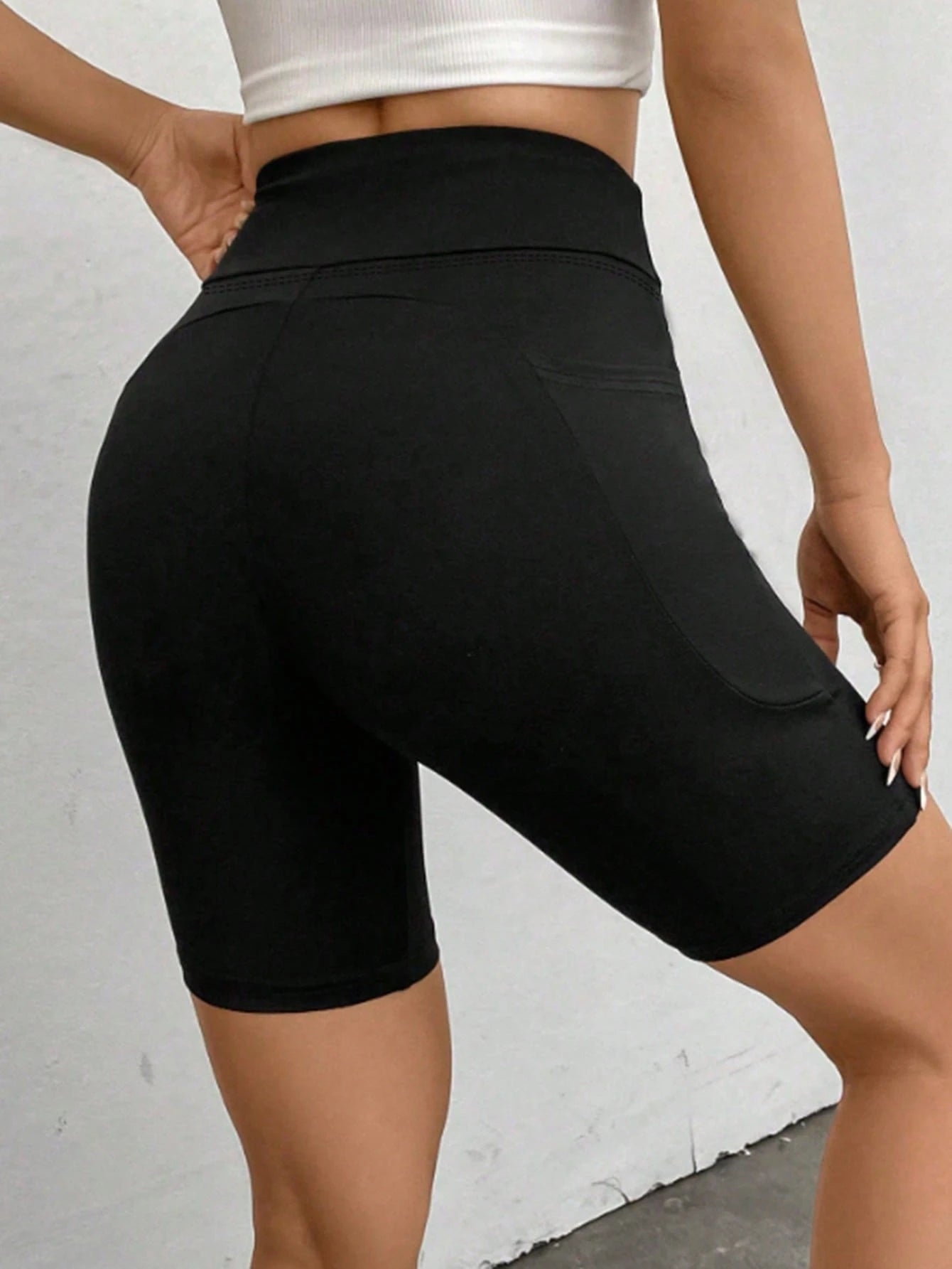 EZwear 95 Cotton Black Solid Color Wide Waist Cycling Shorts, With Phone Pocket, Summer Athleisure Gym Leggings, Casual Athletic For Women Workout