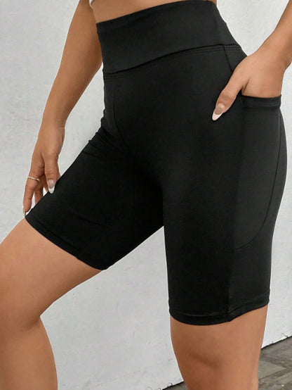 EZwear 95 Cotton Black Solid Color Wide Waist Cycling Shorts, With Phone Pocket, Summer Athleisure Gym Leggings, Casual Athletic For Women Workout