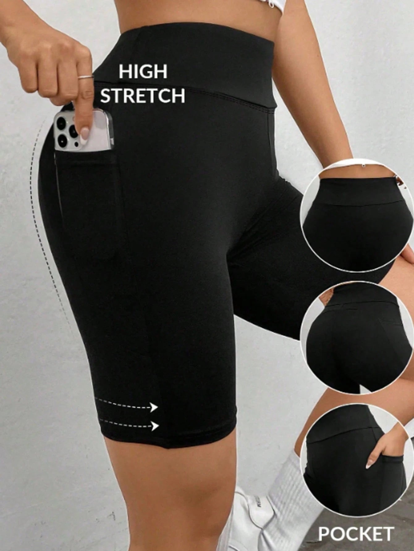 EZwear 95 Cotton Black Solid Color Wide Waist Cycling Shorts, With Phone Pocket, Summer Athleisure Gym Leggings, Casual Athletic For Women Workout