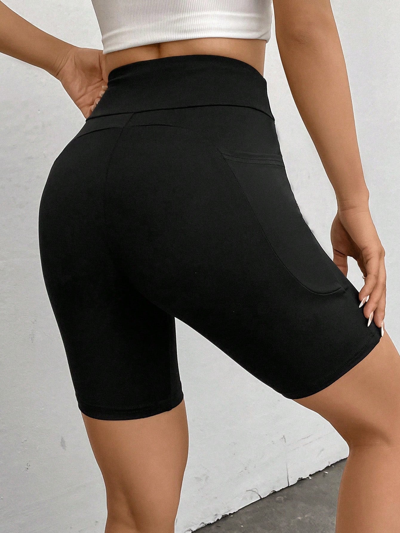 EZwear 95 Cotton Black Solid Color Wide Waist Cycling Shorts, With Phone Pocket, Summer Athleisure Gym Leggings, Casual Athletic For Women Workout