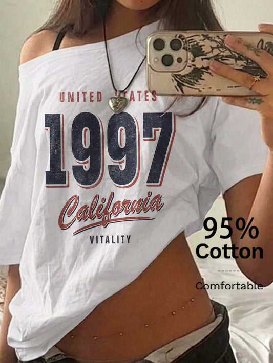 EZwear 95% Cotton Women's Casual Off-Shoulder Drop Shoulder Short Sleeve Loose Fit T-Shirt, Women's Summer Clothing, Women's Casual Wear, Street Style, Suitable For Daily Commute, Date, Party, A