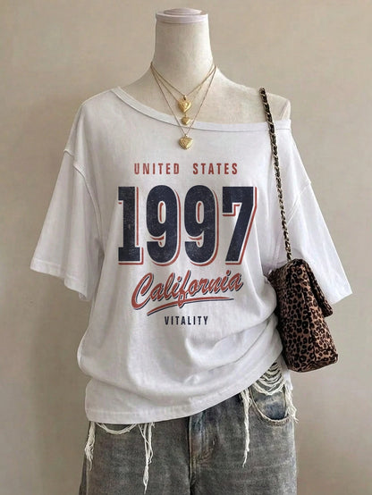 EZwear 95% Cotton Women's Casual Off-Shoulder Drop Shoulder Short Sleeve Loose Fit T-Shirt, Women's Summer Clothing, Women's Casual Wear, Street Style, Suitable For Daily Commute, Date, Party, A