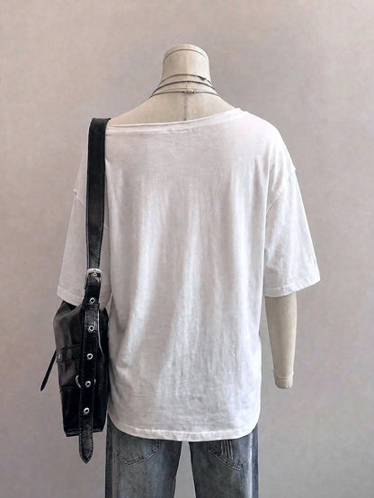 EZwear 95% Cotton Women's Casual Off-Shoulder Drop Shoulder Short Sleeve Loose Fit T-Shirt, Women's Summer Clothing, Women's Casual Wear, Street Style, Suitable For Daily Commute, Date, Party, A
