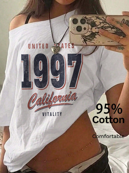 EZwear 95% Cotton Women's Casual Off-Shoulder Drop Shoulder Short Sleeve Loose Fit T-Shirt, Women's Summer Clothing, Women's Casual Wear, Street Style, Suitable For Daily Commute, Date, Party, A