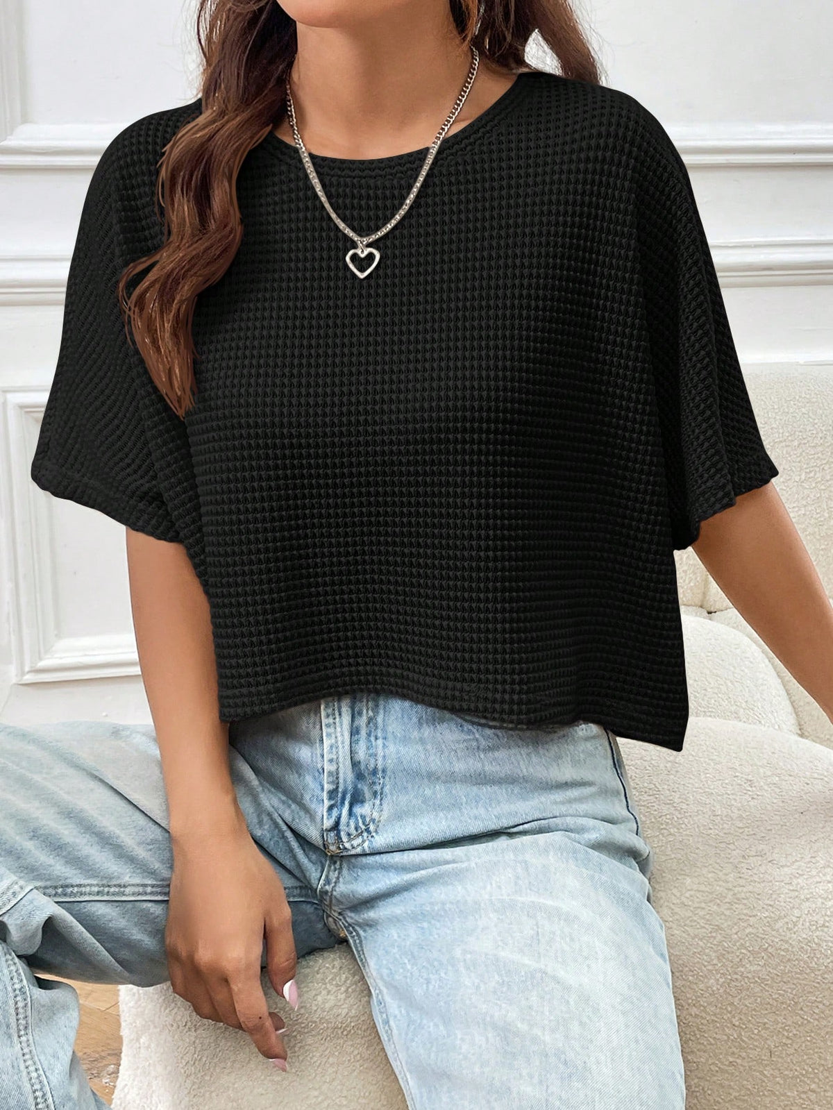EZwear Black Knitted Loose Fit Women T-Shirt