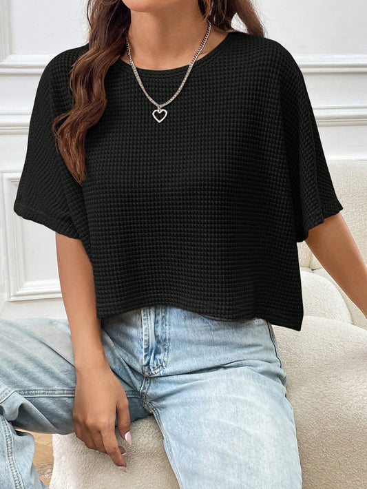 EZwear Black Knitted Loose Fit Women T-Shirt