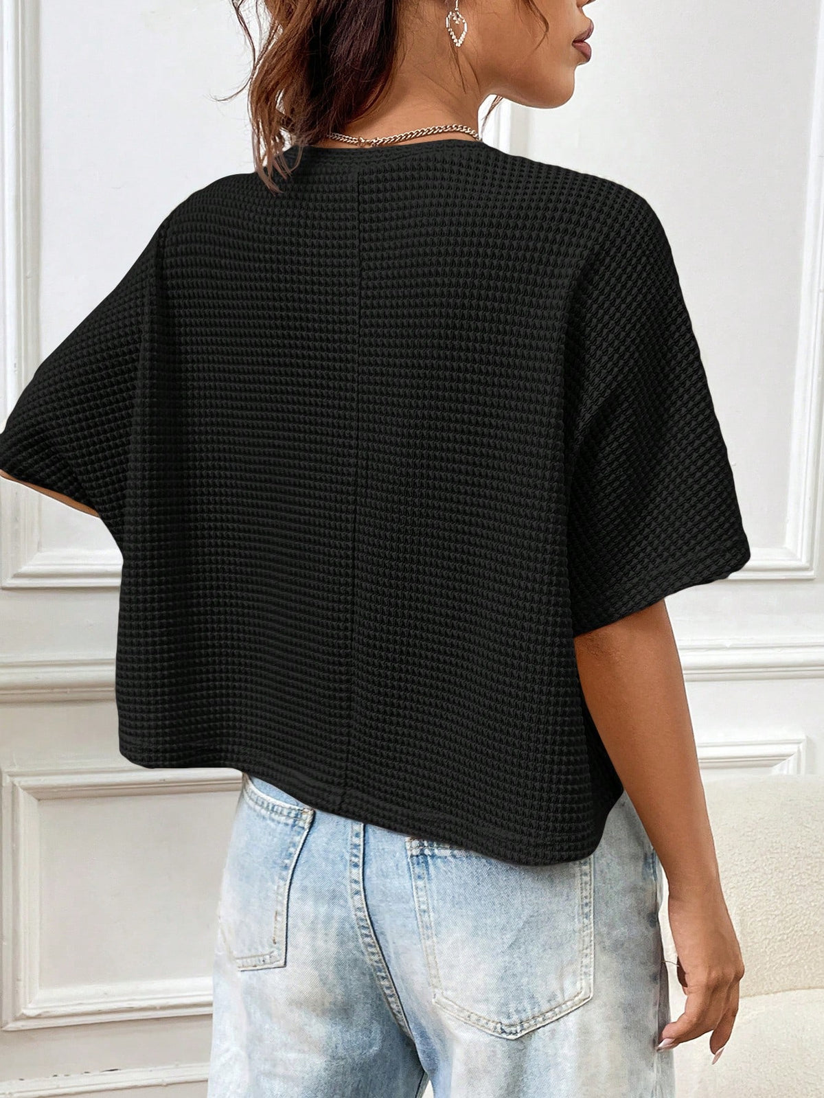EZwear Black Knitted Loose Fit Women T-Shirt