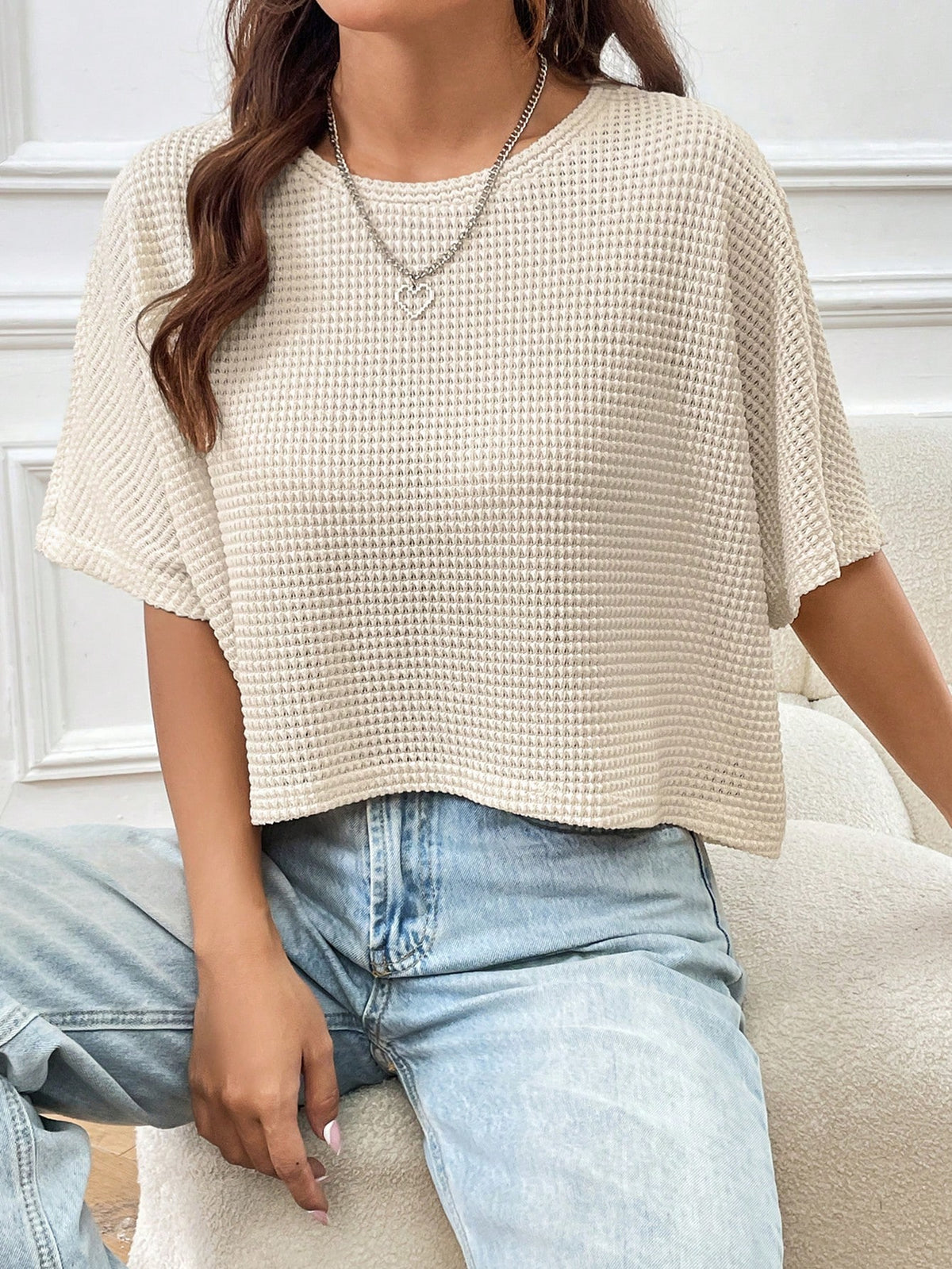 EZwear Black Knitted Loose Fit Women T-Shirt