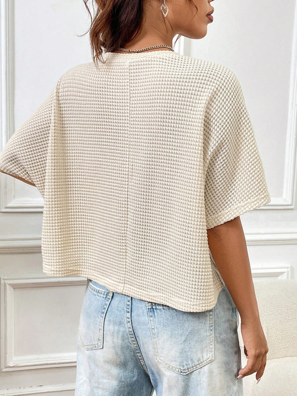EZwear Black Knitted Loose Fit Women T-Shirt