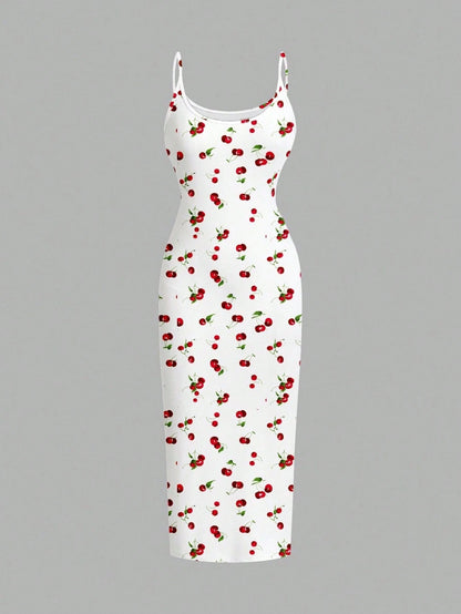 EZwear Casual Minimalist Cherry Pattern Tight Camisole Maxi Dress, Suitable For Summer Cherry Dress Women Suitable For Going Out Chic Dress