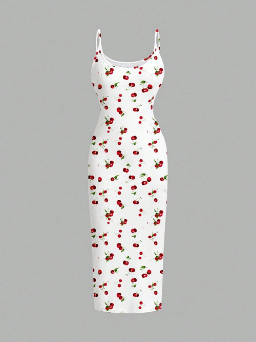 EZwear Casual Minimalist Cherry Pattern Tight Camisole Maxi Dress, Suitable For Summer Cherry Dress Women Suitable For Going Out Chic Dress