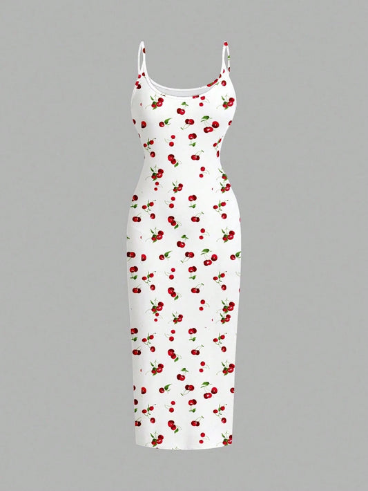 EZwear Casual Minimalist Cherry Pattern Tight Camisole Maxi Dress, Suitable For Summer Cherry Dress Women Suitable For Going Out Chic Dress