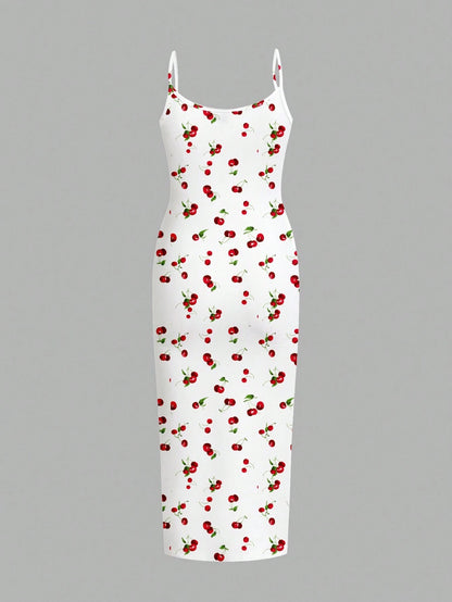 EZwear Casual Minimalist Cherry Pattern Tight Camisole Maxi Dress, Suitable For Summer Cherry Dress Women Suitable For Going Out Chic Dress