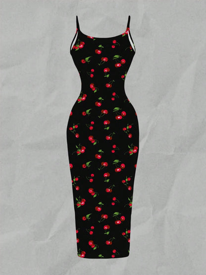 EZwear Casual Minimalist Cherry Pattern Tight Camisole Maxi Dress, Suitable For Summer Cherry Dress Women Suitable For Going Out Chic Dress