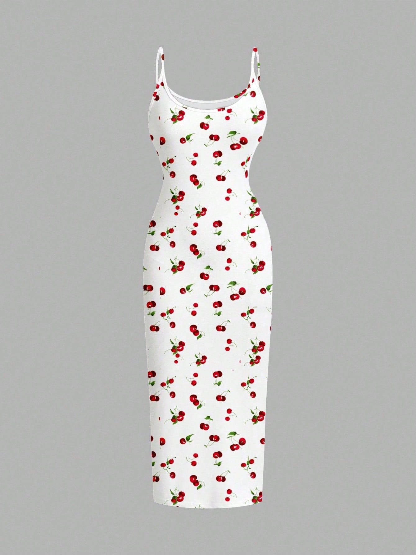 EZwear Casual Minimalist Cherry Pattern Tight Camisole Maxi Dress, Suitable For Summer Cherry Dress Women Suitable For Going Out Chic Dress
