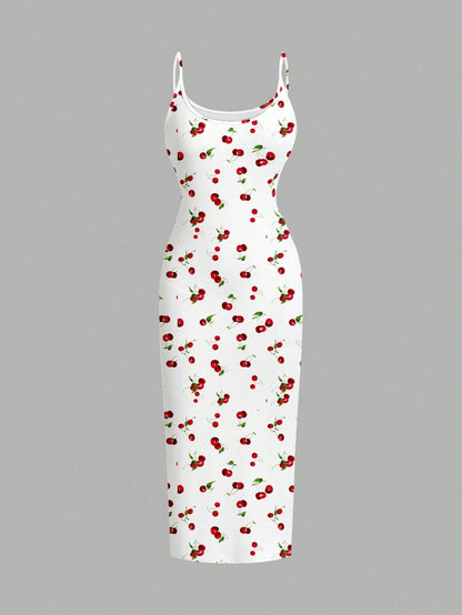 EZwear Casual Minimalist Cherry Pattern Tight Camisole Maxi Dress, Suitable For Summer Cherry Dress Women Suitable For Going Out Chic Dress