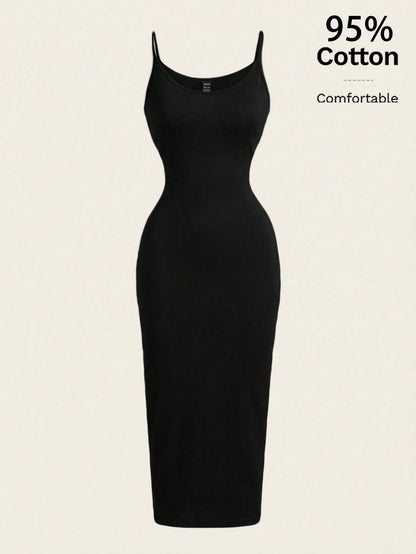 EZwear Casual Minimalist Full-Length Bodycon Camisole Dress, Suitable For Summer, 95% Cotton, Women's Daily Wear,Black Dress For Women