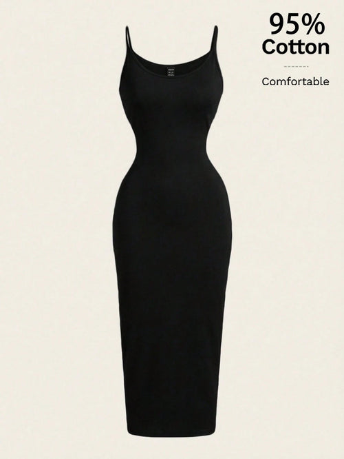 EZwear Casual Minimalist Full-Length Bodycon Camisole Dress, Suitable For Summer, 95% Cotton, Women's Daily Wear,Black Dress For Women