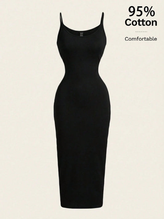 EZwear Casual Minimalist Full-Length Bodycon Camisole Dress, Suitable For Summer, 95% Cotton, Women's Daily Wear,Black Dress For Women