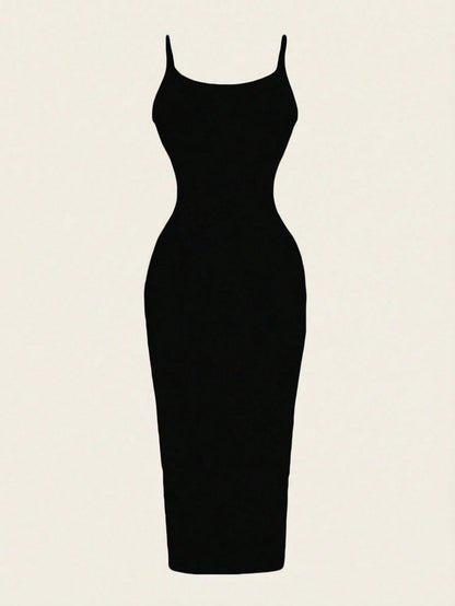 EZwear Casual Minimalist Full-Length Bodycon Camisole Dress, Suitable For Summer, 95% Cotton, Women's Daily Wear,Black Dress For Women