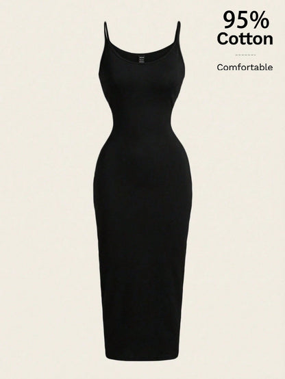 EZwear Casual Minimalist Full-Length Bodycon Camisole Dress, Suitable For Summer, 95% Cotton, Women's Daily Wear,Black Dress For Women