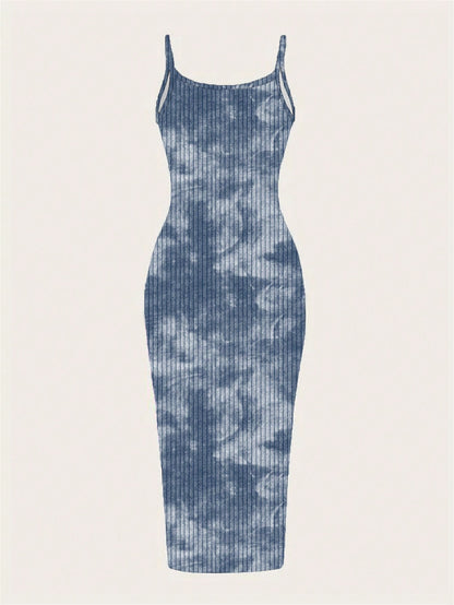 EZwear Casual Minimalist Street Tie-Dye Full Print Sleeveless Maxi Dress, Suitable For Summer,Summer Dresses For Women Chic Dress
