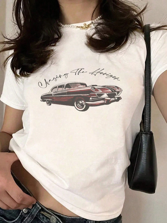 EZwear Casual Vintage Red Car Graphic White Crew Neck Fitted Short Sleeve T-Shirt For Women, Summer Pullover Back To School