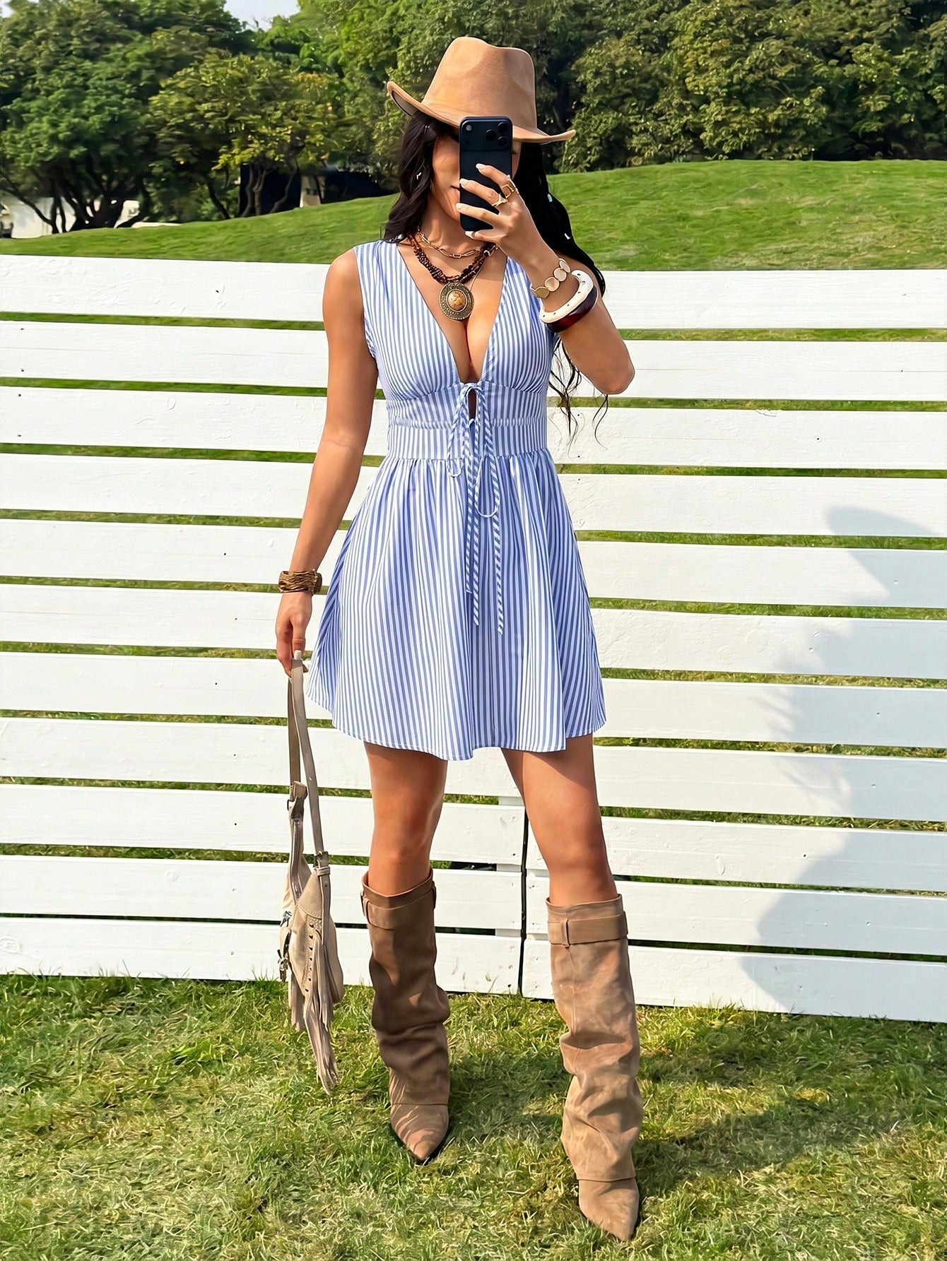 EZwear Deep V-Neck Cinched Waist Sleeveless Striped Women Mini Dress,Casual Dresses For Women