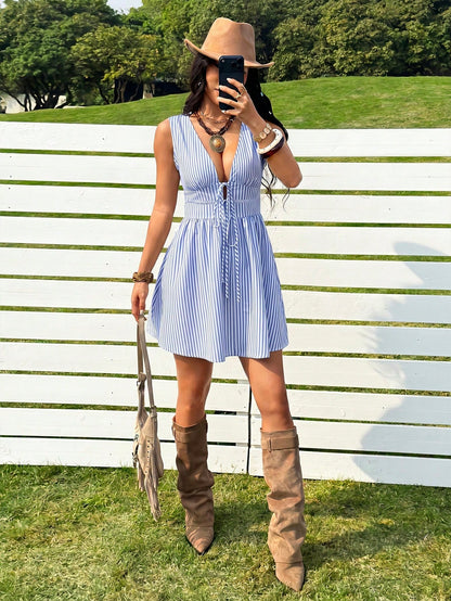 EZwear Deep V-Neck Cinched Waist Sleeveless Striped Women Mini Dress,Casual Dresses For Women