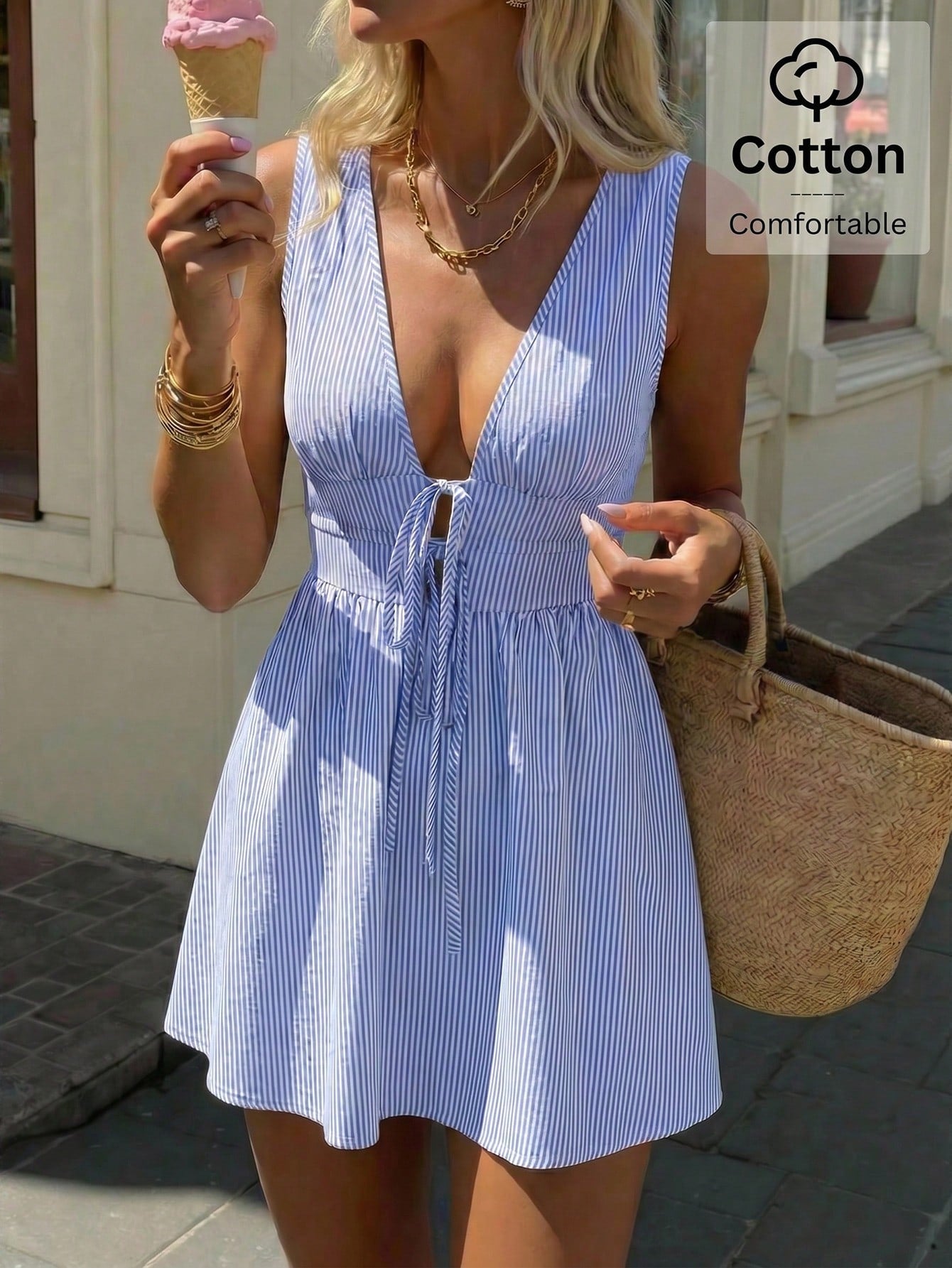 EZwear Deep V-Neck Cinched Waist Sleeveless Striped Women Mini Dress,Casual Dresses For Women