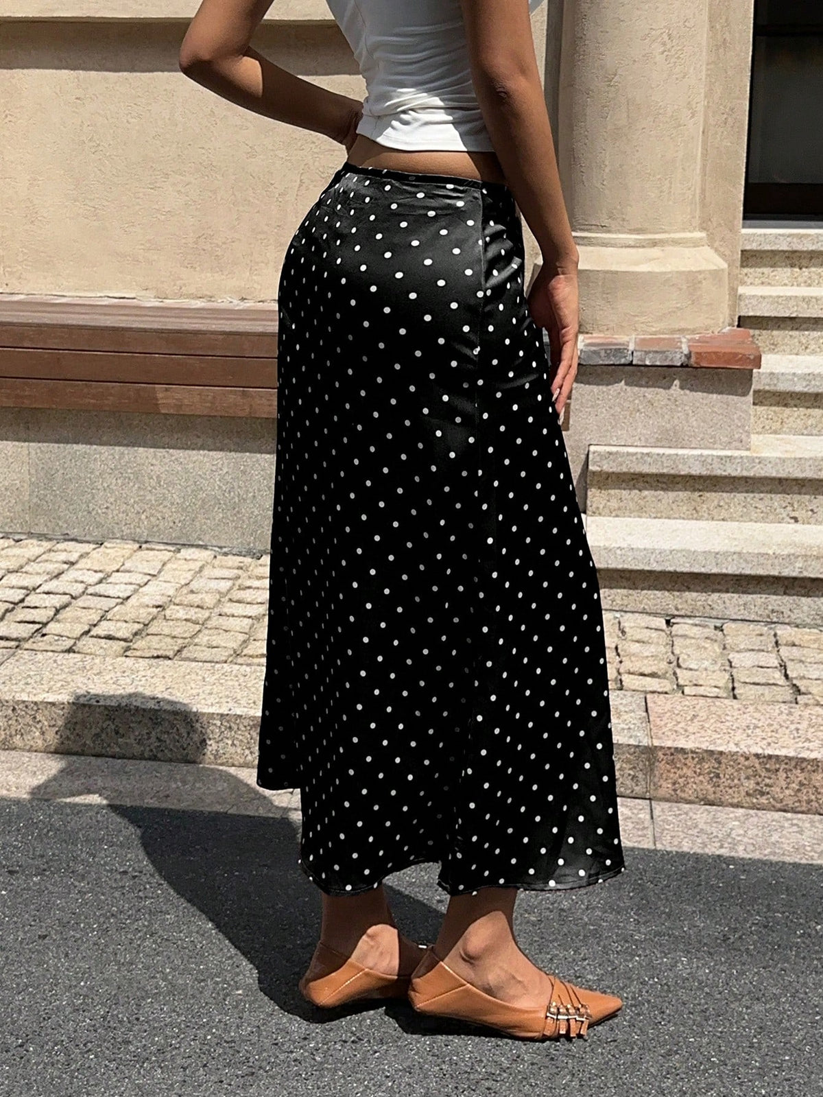 EZwear Fashionable Casual Black Satin Polka Dot Skirt For Women Long Skirt Maxi Skirt Black And White Skirt Black Polka Dot Skirt
