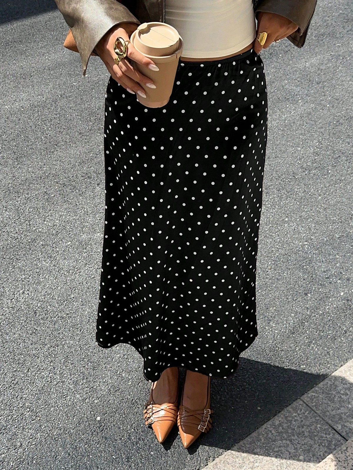 EZwear Fashionable Casual Black Satin Polka Dot Skirt For Women Long Skirt Maxi Skirt Black And White Skirt Black Polka Dot Skirt